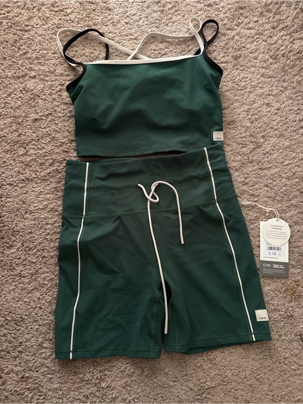 Vuori Forest Green Athletic Shorts Set with White Trim